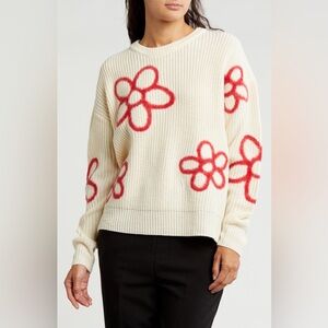 Floral Cream Sweater with Red Accents